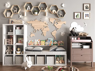 Kids Room Bookshelf With Storage Bins Toys And World Map Decor 3d model