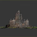 Ancient Stone Temple Structure With Central Tower And Surrounding Towers On Platform With Green Plants