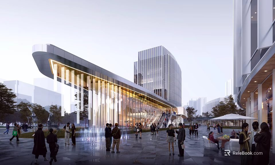 Contemporary Commercial Street With Glass Curtain Walls And Pedestrians Enjoying Urban Leisure 3d model 