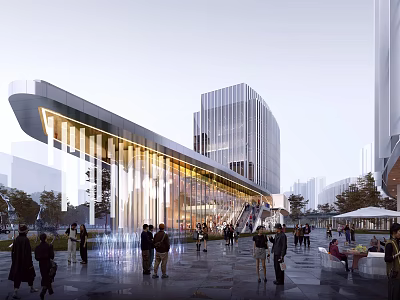 Contemporary Commercial Street With Glass Curtain Walls And Pedestrians Enjoying Urban Leisure 3d model