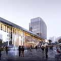 Contemporary Commercial Street With Glass Curtain Walls And Pedestrians Enjoying Urban Leisure