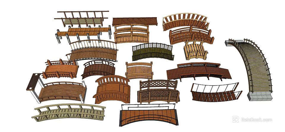 Various Wooden Bridge Models With Arched Curved And Different Designs 3d model 