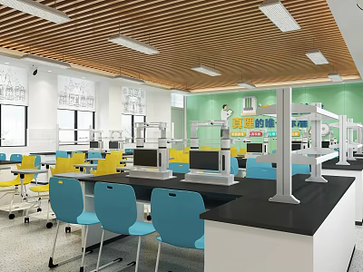 Modern Laboratory Interior Design With Blue Yellow Chairs Lab Benches And Equipment 3d model