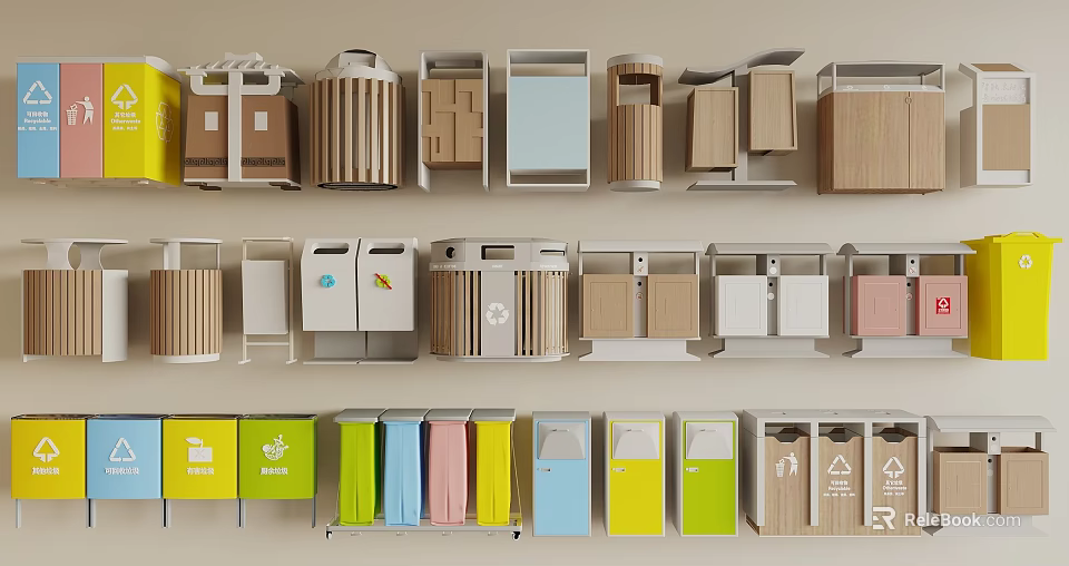 Public Facilities Displaying Colorful Recycling Bins With Various Designs For Waste Sorting 3d model 