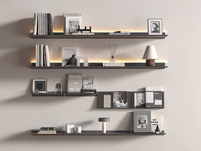 Modern Wall Mounted Shelves With Books Photo Frames Table Lamp Decorative Items And Lighting 3d model