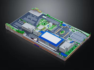 Cartoon Style 3D Building Complex Layout With Parking Lots Green Spaces And Roads 3d model