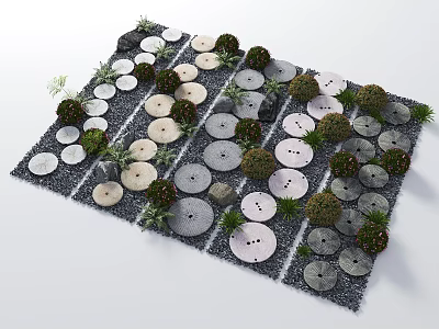 Garden Pathway Design With Circular Stone Pavers And Green Plants On Gravel 3d model