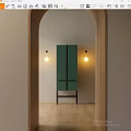 Green Entryway Console Cabinet With Two Wall Lamps Arched Doorway Light Walls And Wooden Floor
