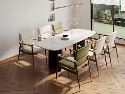 Modern Marble Dining Table With Green Beige Wooden Frame Dining Chairs 3d model