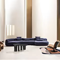 Modern Navy Blue L Shaped Sofa and Black Round Coffee Table Set with Brown Armchairs