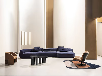 Modern Navy Blue L Shaped Sofa and Black Round Coffee Table Set with Brown Armchairs 3d model