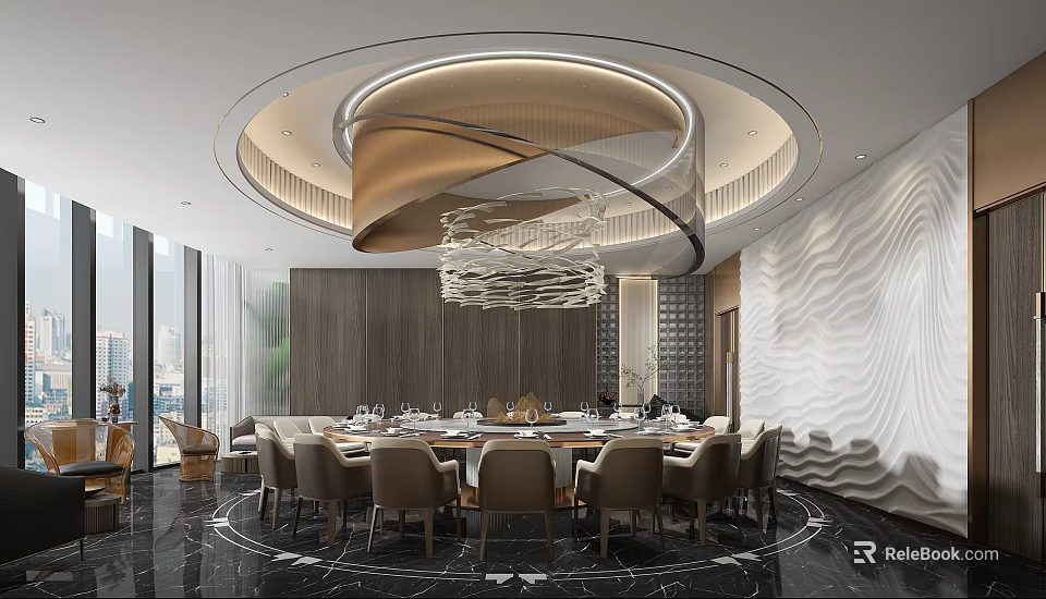 Luxurious Modern Private Dining Room Interior With Round Table Elegant Chairs And Chandelier 3d model 