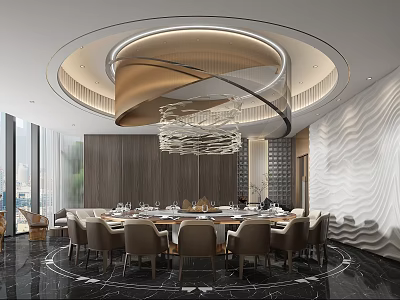 Luxurious Modern Private Dining Room Interior With Round Table Elegant Chairs And Chandelier 3d model