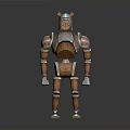 3D Robot Character With Angular Head Segmented Body Metal And Wooden Parts Silver Brown Design