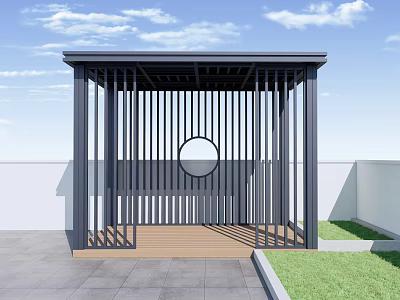 Modern Pavilion With Black Slatted Structure Circular Design Wooden Floor Grass And Gray Tiles 3d model