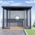 Modern Pavilion With Black Slatted Structure Circular Design Wooden Floor Grass And Gray Tiles