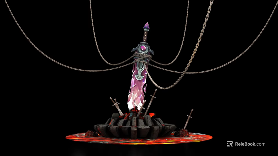 Cartoon Scene With Enchanted Sword Glowing Purple Blade And Chains On Fiery Pedestal 3d model 
