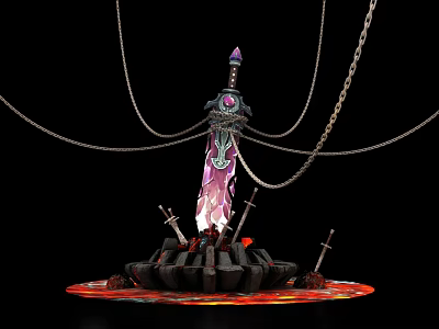 Cartoon Scene With Enchanted Sword Glowing Purple Blade And Chains On Fiery Pedestal 3d model