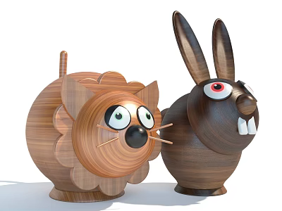 Wooden Cat And Rabbit Dolls With Big Eyes And Natural Texture Standing 3d model