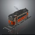 Red Electric Tram With Silver Roof Windows And Tracks On Dark Background