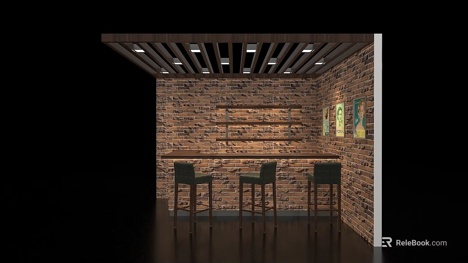 Rustic Bar Counter With Brick Wall Wooden Slat Ceiling And Black Bar Stools 3d model 