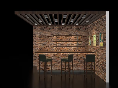 Rustic Bar Counter With Brick Wall Wooden Slat Ceiling And Black Bar Stools 3d model