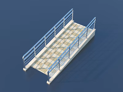 Blue Railed Pedestrian Walkway With Checkerboard Pattern Floor And Metal Railings 3d model