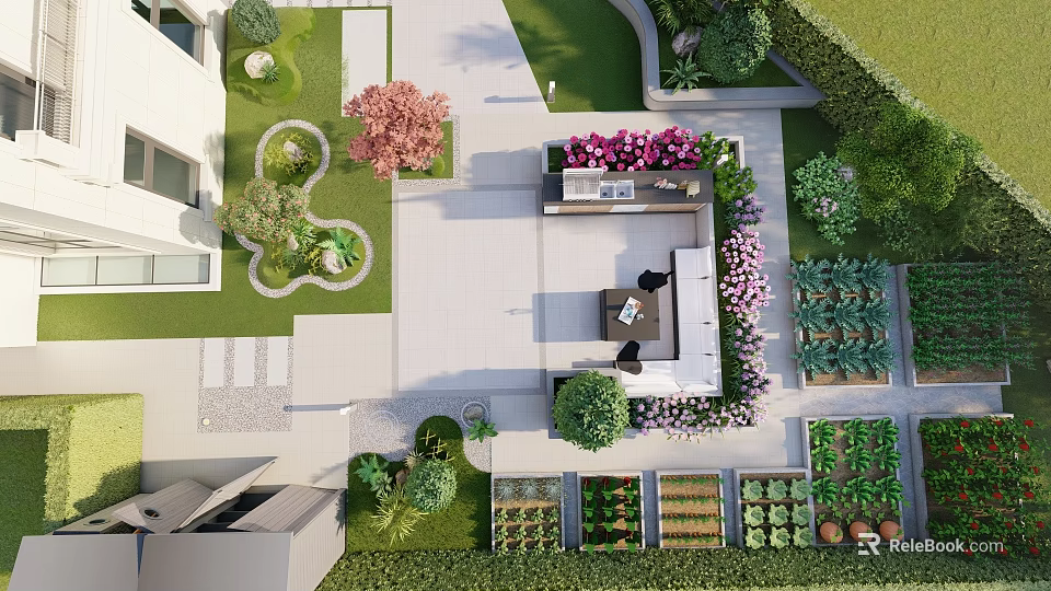 Stunning Courtyard Garden With Planted Beds Seating Area Colorful Flowers And Stone Pathway 3d model 