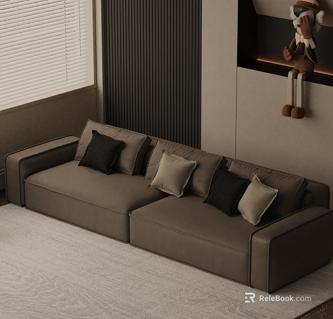 Gray Three Seater Sofa with Black and Light Gray Cushions Window Blinds Dark Striped Wall 3d model 
