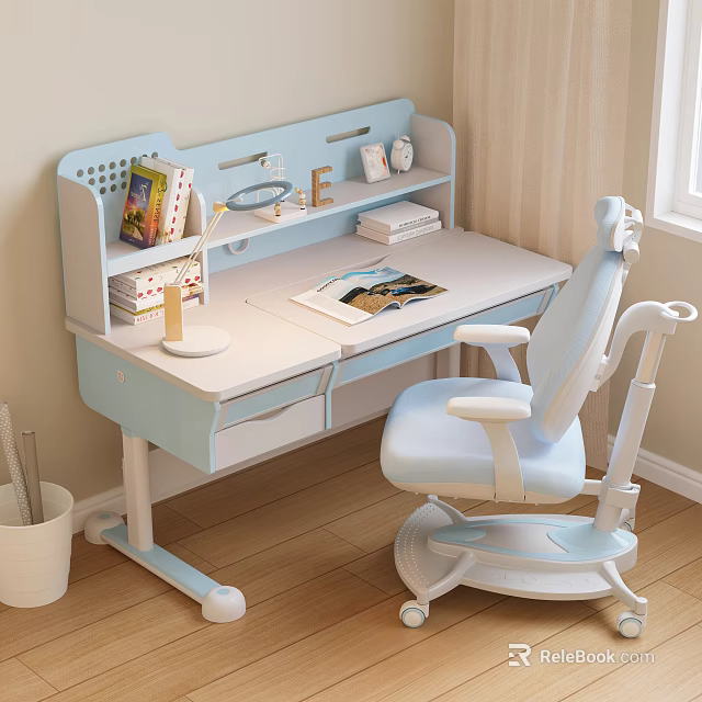 Modern Study Desk With Built in Bookshelf Books Lamp And Decorations And Matching Blue Chair 3d model 