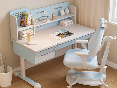 Modern Study Desk With Built in Bookshelf Books Lamp And Decorations And Matching Blue Chair 3d model