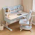 Modern Study Desk With Built in Bookshelf Books Lamp And Decorations And Matching Blue Chair