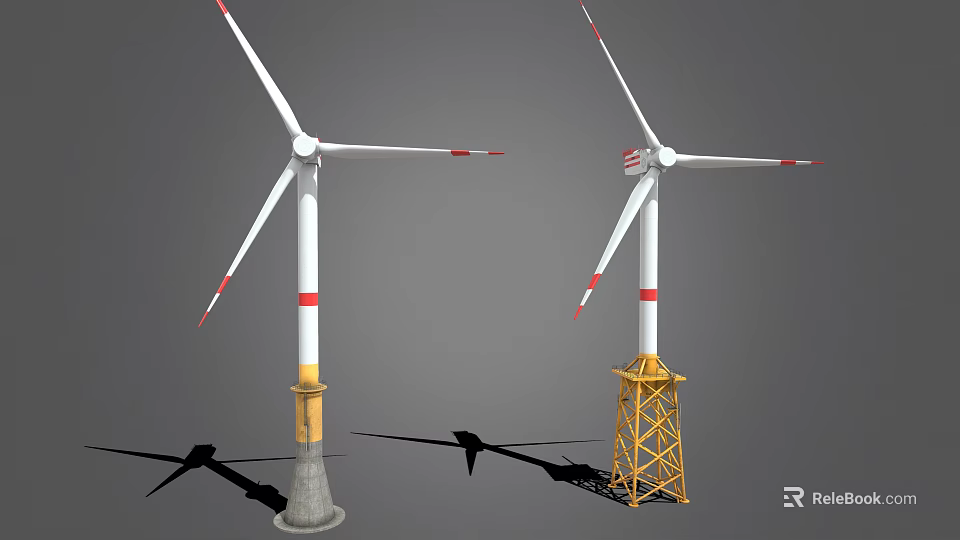 Two Industrial Wind Turbine Units With White Blades Red Tips And Support Structures 3d model 