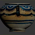Sculpted Pottery Jar With Artistic Blue Yellow Decorative Patterns And Handles