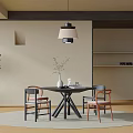 Restaurant Interior With Round Table Chairs Hanging Lamp And Potted Plant