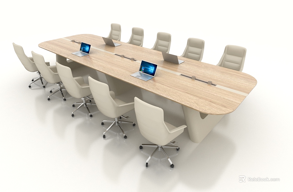 Modern Conference Room Interior Setup With Wooden Table Beige Chairs And Laptops 3d model 