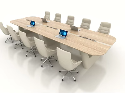 Modern Conference Room Interior Setup With Wooden Table Beige Chairs And Laptops 3d model