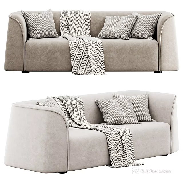 Modern Comfortable Two-Seater Sofa In Light Beige Fabric With Decorative Pillows And Knitted Throw 3d model 