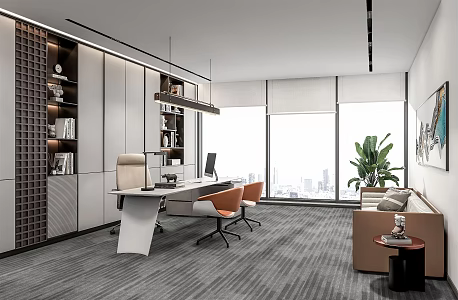 Modern Office General Manager Office Desk and Chair Multi-person Sofa Bookcase Chandelier Office Chair Plant Decoration 3d model