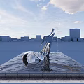 Modern Urban Water Fountain With Silver Sculpture Square Base And Blue Sky