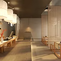 Japanese Restaurant Interior With Wooden Tables Lanterns And Minimalist Traditional Decor