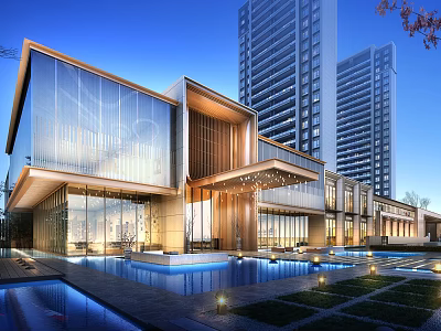 Modern Elegant Sales Office Building With Glass Facade Pool And High Rise Buildings 3d model