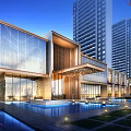Modern Elegant Sales Office Building With Glass Facade Pool And High Rise Buildings