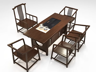 Traditional Wooden Tea Table And Chairs With Tea Set And Teacups 3d model