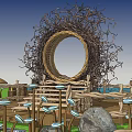 Mushroom Shaped Outdoor Chairs in Garden Scene with Stone Steps and Circular Decor