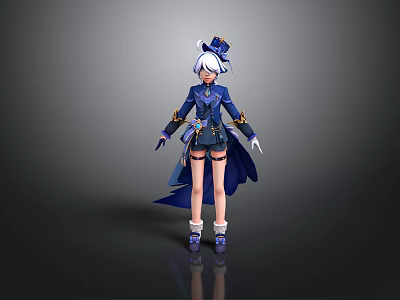 Cute Child Character In Blue Costume With White Hair Hat And Decorative Cloak 3d model