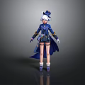 Cute Child Character In Blue Costume With White Hair Hat And Decorative Cloak