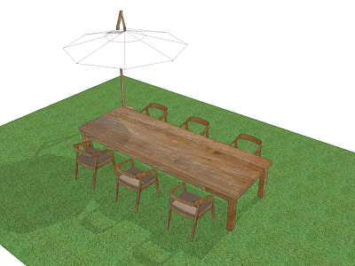 Outdoor Wooden Table and Chair Set With Six Chairs White Umbrella on Green Lawn 3d model