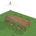 Outdoor Wooden Table and Chair Set With Six Chairs White Umbrella on Green Lawn