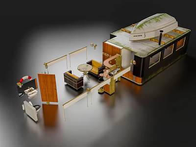 Modern Public Chair In Small Trailer Style Rest Area With Roof And Wooden Side Table 3d model